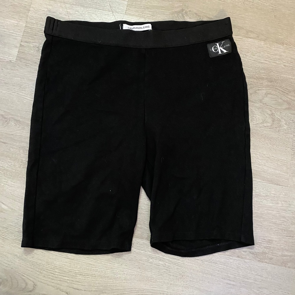 Calvin Klein Jeans Biker Shorts Women L Black High Waisted Logo Patch Athletic